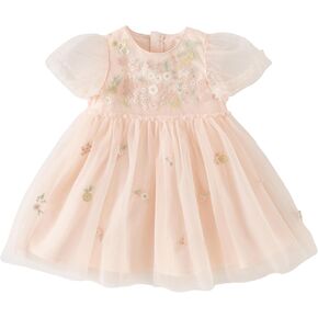 DAVE & BELLA Toddler Baby Girl Tutu Dress, Ruffle Short Sleeve Summer Tulle Dresses Tiered Pleated Floral Princess Sundress