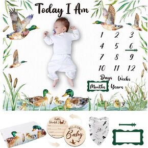 Mallard Duck Monthly Milestone Blanket for Baby Boy Flannel Newborn Infant Swaddle Growth Chart Photography Background with Baby Birth Signs, Felt Frames, Bibs