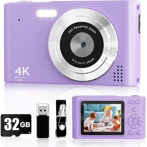الكاميرا الرقمية FHD 1080 بكسل مع بطاقة 32 جيجابايت ، ونقطة 44 ميجابكسل واطلاق النار على كاميرا الأطفال مع مكافحة anti 16x Zoom ， كاميرا رقمية عتيقة ، هدية صغيرة محمولة كاميرا صغيرة لطفل فتاة في سن المراهقة (الأرجواني)