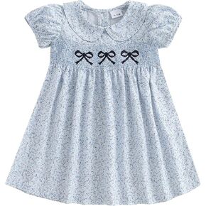 Summer Toddler Baby Girl Outfit Bow Smocked Dress Puff Short Sleeve Floral Dresses Girls Casual Dress