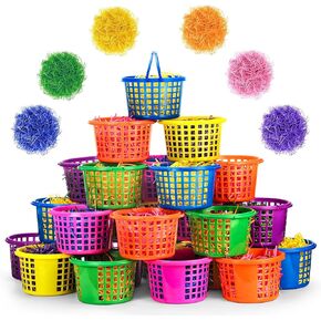Evoio Easter Baskets in Bulk for Kids 24 PCS Plastic Easter Basket Bucket for Eggs Hunts Game, Classroom Eggs Collecting Baskets with 6 Color Raffia Paper Grass Filler Basket for Kids Egg Hunts Party