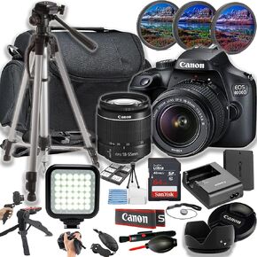 Canon EOS 4000D (Rebel T100) 18MP DSLR Camera w/EF-S 18-55mm F/3.5-5.6 Zoom Lens + LED Light + 64GB Memory + Filters + Case + Tripod + Grips + Hood, and More (24pc Bundle) (Renewed)
