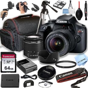 Canon EOS Rebel T100 (EOS 4000D) DSLR Camera w/EF-S 18-55mm F/3.5-5.6 Zoom Lens + 64GB Memory Card, Case, Hood, Tripod, Grip-Pod, Filter, Professional Photo Bundle(24pc) (Renewed)