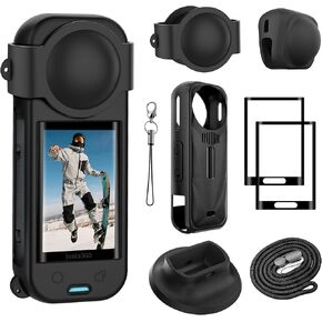 FitStill Protection Accessories Kit Only for Insta 360 X5 Optical 2PCS Tempered Glass Screen Protector+Rubber Lens Cap+Silicone Rubber Protective Case+Silicone Support Base Mount Insta 360x5 Accessory