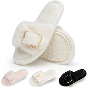 Fuzzy Slippers for Women Indoor Outdoor Fluffy House Womens Slippers with Memory Foam Anti-Skid Sole Gifts for Mom