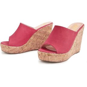 LEHOOR Cork Wedge Mules for Women Platform Slide Sandals Peep Toe, High Wedge 4.5Inch Slippers Microfiber Suede 6-11 M US