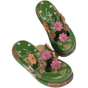 Women's Wedge Mule Shoes, Flower Decor Cut-Out Floral Print Slide Sandals, Tribal Style Slip On Shoes