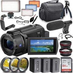 Sony FDR-AX43 UHD 4K Handycam Camcorder w/ 64GB Memory Card + Microphone + LED Video Light & More