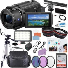 Sony FDR-AX43 UHD 4K Handycam Camcorder (FDR-AX43A/B) Bundle + Pro Accessory Kit Including 64GB Memory, LED Light, Microphone, Filter Kit, Case, Editing Software Package & More (Renewed)