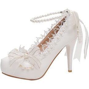 Elegant Bridal Heels with Pearl Lace Detail, White Ankle Strap, High Platform Pumps