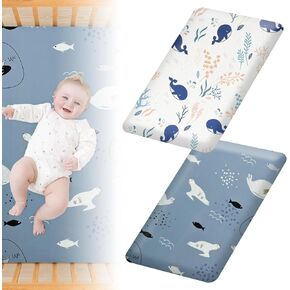 Baby Crib Sheets, 2Pcs Baby Fitted Sheets for Mini Crib Mattress, BabySheets for Bassinet, Fitted and Soft Breathable Microfiber Mattress Sheet for Girls and Boys, 47x24 Inch (Grey + White)