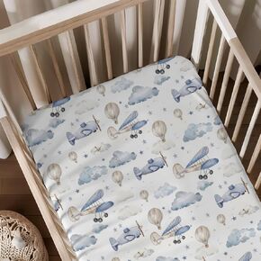 Plane Hot Air Balloons Transportation Pattern Baby Crib Sheet, Unisex Aircraft Clouds Stars Nursery Fitted Crib Bed Sheet for Boys Girls Standard Crib and Toddler Mattress-28x52
