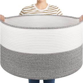Large Blanket Basket with Handles, 22.8" x 22.8" x 13" Woven Storage Basket for Living Room, Cotton Rope Baby Toy Storage for Clothes, Pillows, Towels-Grey and White
