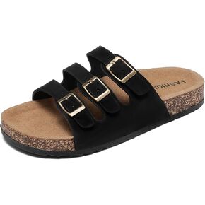 Women's Cork Footbed Sandals, Mens Open Toe Slides with Adjustable Buckle Comfort Slip On Slippers for Summer