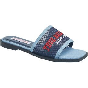 True Religion Women’s Mesh Denim Slide Sandals – Logo Strap, Casual Slip-On Comfort