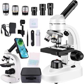 Microscope for Adults WF10x and WF25x eyepieces Compound Microscope with Microscope Slides, Microscope Kit for Kids Students Home School