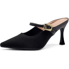 Women's Pointed Toe Heel Mules for Women Knit Heeled Sandals Buckle Strap Slip On Backless Dress Shoes