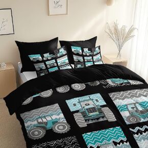 Black Duvet Cover 2 Pieces Toddler, Cartoon Style Tractor Comforter Cover, Brushed Microfiber Bedding Set 40 X 60 Inches, Soft Breathable Comfy Bedding with 1 Pillowcases, Zipper Closure