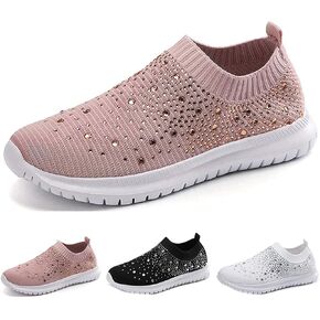 Women's Crystal Breathable Orthopedic Slip On Walking Shoes, Knitted Anti-Slip Sneakers Casual Lightweight Shoes (Black,US 7.5)