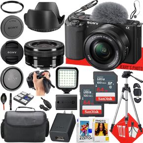 Sony ZV-E10 Mirrorless Camera with Sony E PZ 16-50mm f/3.5-5.6 OSS Lens + 2pc 64 GB Memory + LED Light + Camera Case + Hood + Tripod + More (27pc Bundle)