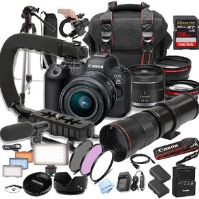 Canon EOS R6 Mark II مع 24-50 مم + 420-800 مم العدسة الفائقة الفائقة + بطاقة السرعة المتطرفة 128 جيجابايت ، U-GRIP ، الميكروفون ، مصباح الفيديو LED ، بطارية احتياطية ، مجموعة تصفية ، أكثر (Pro-Bundle) (متجددة) (متجددة)