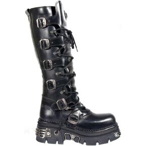 New Rock Unisex 272-S1 Black Metallic Reactor Gothic Knee High Leather Zip Buckle Boots 39