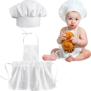 White Baby-Chef-Hat and Apron, Baby Apron and Chef Hat for Little Chef 8-24 Months, Mini Apron Photography Props for Newborn Infant Toddler Kids