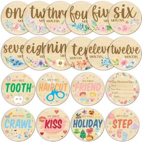 11PCS Baby Monthly Milestone for Photo Props, Wooden Double Sided Monthly Milestone Photo Cards for Baby Announcement Newborn Shower Gifts Party, First Holiday Milestones Signs Wooden Discs