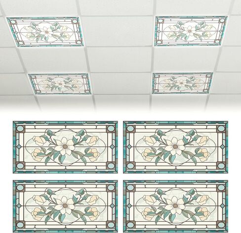 4 Pcs Stained Glass Fluorescent Light Covers for Ceiling Classroom 2 x 4 ft Magnetic Light Filter with 10 Magnets Retro Floral Filter Reduce Glare for Office School Home(Lovely Style) in Saudi Arabia