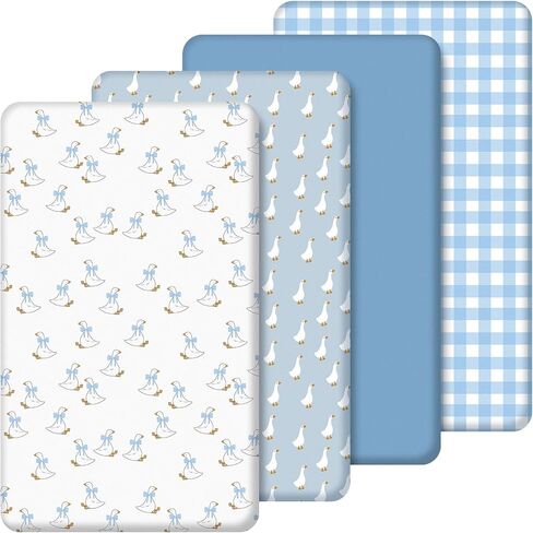 4 Pack Silly Goose Crib Fitted Sheet for Boys Girls - 52" x 28" Fitted Baby Sheet with Goose and Gingham Style for Standard Mattress Gift Set, Microfiber & Soft Breathable(Green) in Saudi Arabia