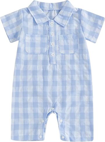 Karuedoo Newborn Infant Baby Boy Summer Clothes Plaid Shirt Romper Short Sleeve Jumpsuit Button Down Collared Bodysuit in Saudi Arabia