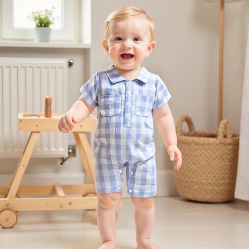Karuedoo Newborn Infant Baby Boy Summer Clothes Plaid Shirt Romper Short Sleeve Jumpsuit Button Down Collared Bodysuit in Saudi Arabia
