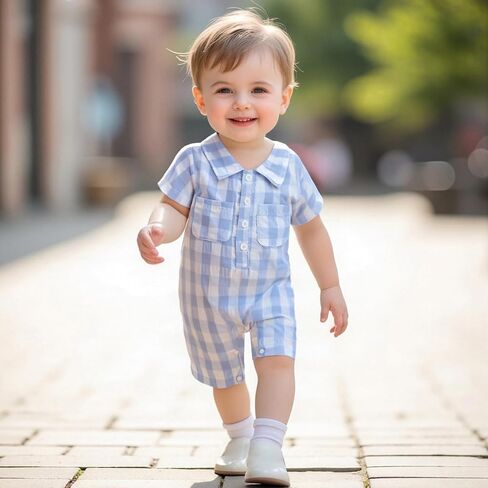 Karuedoo Newborn Infant Baby Boy Summer Clothes Plaid Shirt Romper Short Sleeve Jumpsuit Button Down Collared Bodysuit in Saudi Arabia
