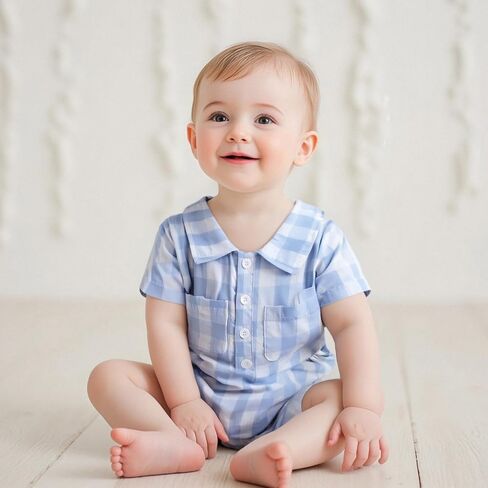 Karuedoo Newborn Infant Baby Boy Summer Clothes Plaid Shirt Romper Short Sleeve Jumpsuit Button Down Collared Bodysuit in Saudi Arabia