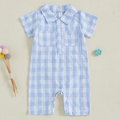 Karuedoo Newborn Infant Baby Boy Summer Clothes Plaid Shirt Romper Short Sleeve Jumpsuit Button Down Collared Bodysuit in Saudi Arabia