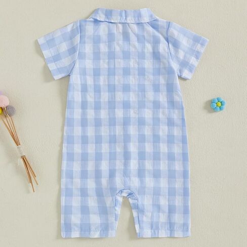 Karuedoo Newborn Infant Baby Boy Summer Clothes Plaid Shirt Romper Short Sleeve Jumpsuit Button Down Collared Bodysuit in Saudi Arabia
