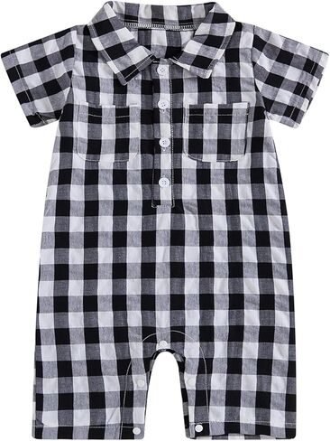 Karuedoo Newborn Infant Baby Boy Summer Clothes Plaid Shirt Romper Short Sleeve Jumpsuit Button Down Collared Bodysuit in Saudi Arabia