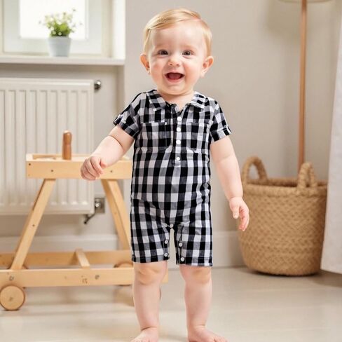 Karuedoo Newborn Infant Baby Boy Summer Clothes Plaid Shirt Romper Short Sleeve Jumpsuit Button Down Collared Bodysuit in Saudi Arabia