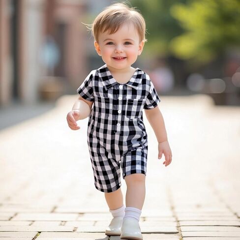 Karuedoo Newborn Infant Baby Boy Summer Clothes Plaid Shirt Romper Short Sleeve Jumpsuit Button Down Collared Bodysuit in Saudi Arabia