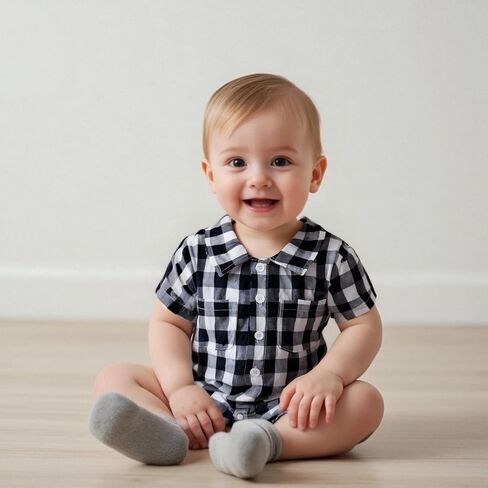 Karuedoo Newborn Infant Baby Boy Summer Clothes Plaid Shirt Romper Short Sleeve Jumpsuit Button Down Collared Bodysuit in Saudi Arabia