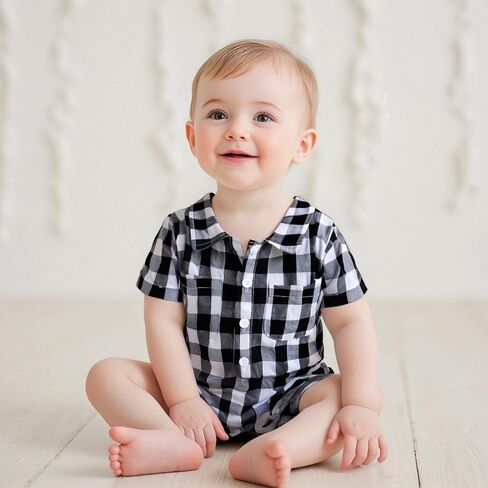 Karuedoo Newborn Infant Baby Boy Summer Clothes Plaid Shirt Romper Short Sleeve Jumpsuit Button Down Collared Bodysuit in Saudi Arabia