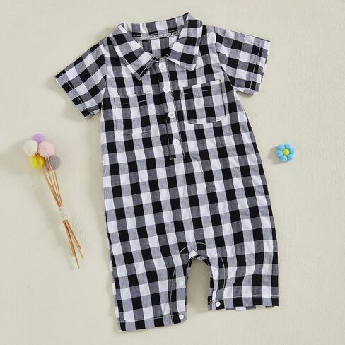 Karuedoo Newborn Infant Baby Boy Summer Clothes Plaid Shirt Romper Short Sleeve Jumpsuit Button Down Collared Bodysuit in Saudi Arabia