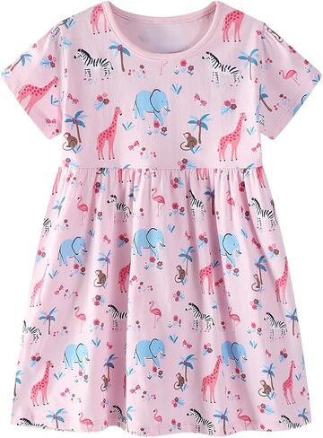 AMIYAN Toddler Girl Short Sleeve Dress Cotton Embroidery Applique Dresses Casual Cartoon Print Dresses for Girls 2-6 Years in Saudi Arabia