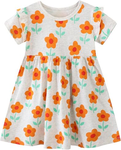 AMIYAN Toddler Girl Short Sleeve Dress Cotton Embroidery Applique Dresses Casual Cartoon Print Dresses for Girls 2-6 Years in Saudi Arabia