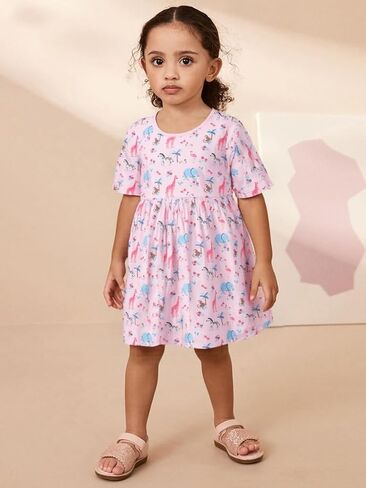 AMIYAN Toddler Girl Short Sleeve Dress Cotton Embroidery Applique Dresses Casual Cartoon Print Dresses for Girls 2-6 Years in Saudi Arabia