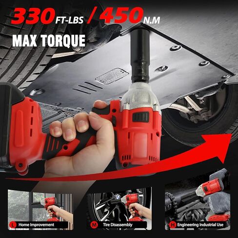 Cordless Impact Wrench 1/2", Electric Impact Gun 450N.m/330Ft-lbs, 20V High Torque Power Impact Driver, 2 Batteries & Fast Charger, 6 Sockets, Variable Speed for Car Repair/Truck/Mower/DIY in Saudi Arabia