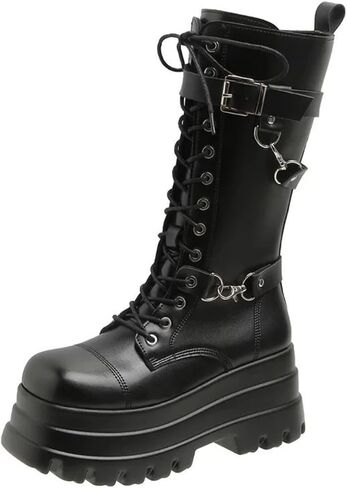 Women's Goth Platform Ankle Boots Buckles Chunky Block Wedge Side Zipper Heels Round Toe Punk Motorcycle Comfy Short Gothic Booties High Heel Lace Up Studded Stacked in Saudi Arabia