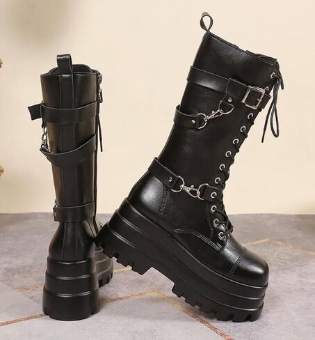 Women's Goth Platform Ankle Boots Buckles Chunky Block Wedge Side Zipper Heels Round Toe Punk Motorcycle Comfy Short Gothic Booties High Heel Lace Up Studded Stacked in Saudi Arabia