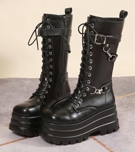 Women's Goth Platform Ankle Boots Buckles Chunky Block Wedge Side Zipper Heels Round Toe Punk Motorcycle Comfy Short Gothic Booties High Heel Lace Up Studded Stacked in Saudi Arabia