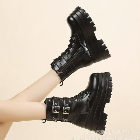 Women's Goth Platform Ankle Boots Buckles Chunky Block Wedge Side Zipper Heels Round Toe Punk Motorcycle Comfy Short Gothic Booties High Heel Lace Up Studded Stacked in Saudi Arabia
